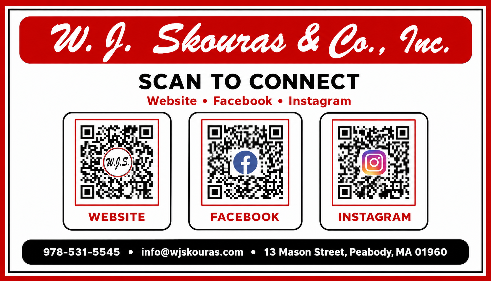W.J. Skouras QR code card for website Facebook and Instagram
